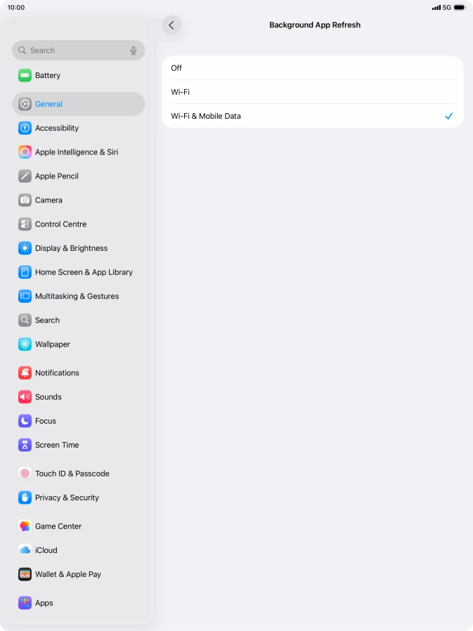 To turn off background refresh of apps, press Off. To turn off background refresh of apps, press Off.