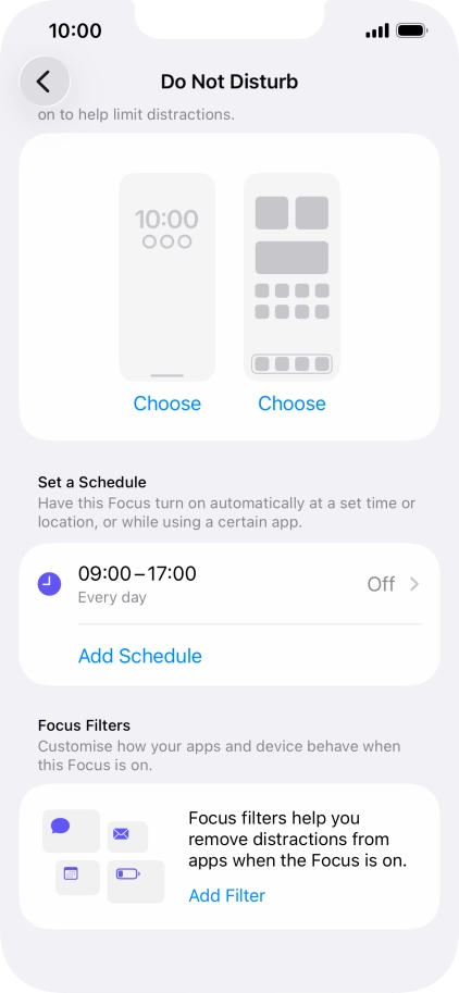 Press Add Schedule and follow the instructions on the screen to select settings for automatic activation of Do Not Disturb. Press Add Schedule and follow the instructions on the screen to select settings for automatic activation of Do Not Disturb.