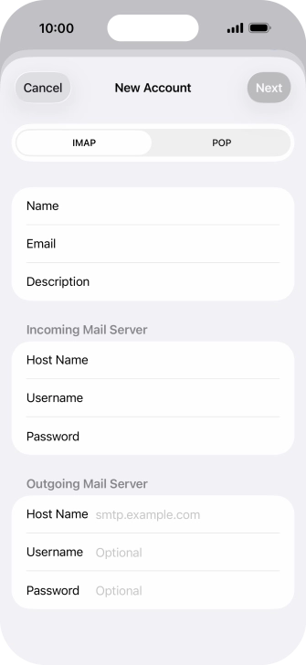 Press Host Name and key in the name of your email provider's outgoing server. Press Host Name and key in the name of your email provider's outgoing server.