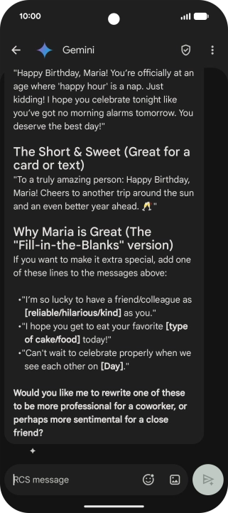 The text suggestion from Gemini is displayed. The text suggestion from Gemini is displayed.