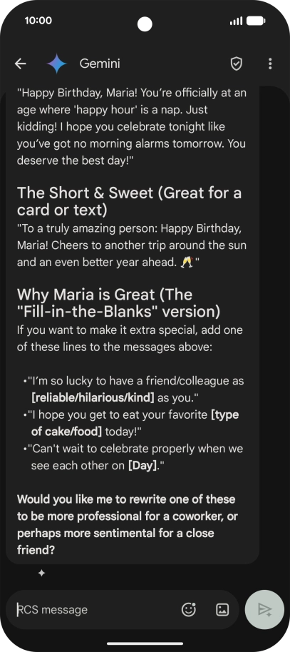 The text suggestion from Gemini is displayed. The text suggestion from Gemini is displayed.