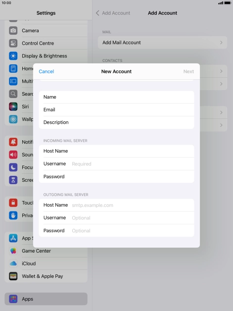 Press Username and key in the username for your email account.