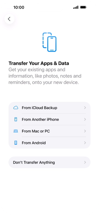 You can transfer content from an Android phone when your phone is activated for the first time and after a factory reset. When this screen is displayed, your phone is ready to transfer content from an Android phone. You can transfer content from an Android phone when your phone is activated for the first time and after a factory reset. When this screen is displayed, your phone is ready to transfer content from an Android phone.