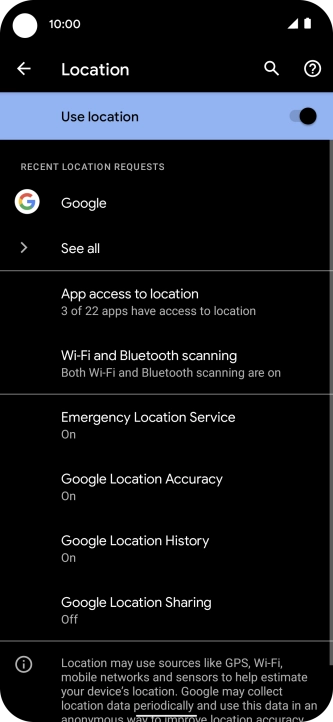 Press Google Location Accuracy. Press Google Location Accuracy.