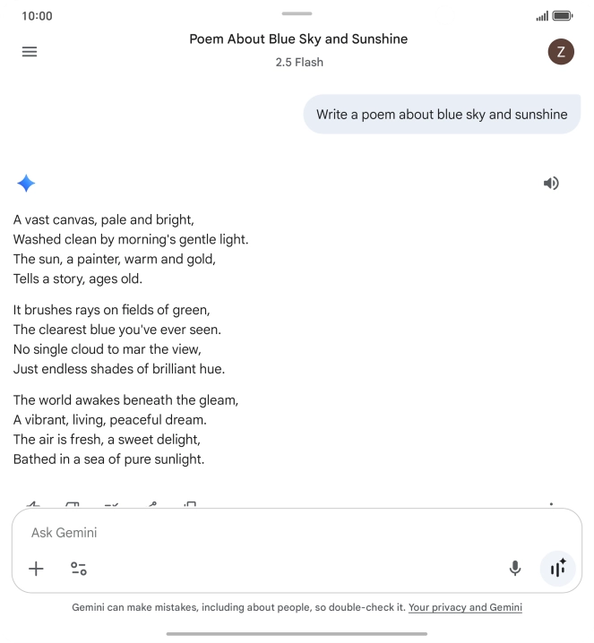 You can ask Gemini to generate a text based on your description. You can ask Gemini to generate a text based on your description.