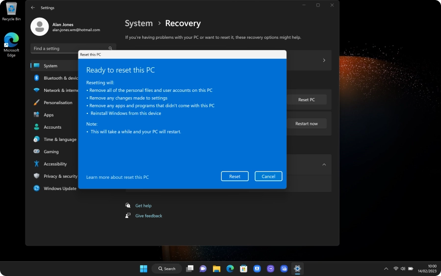 Click Reset. Wait while the factory default settings are restored. Follow the instructions on the screen to set up your laptop and prepare it for use. Click Reset. Wait while the factory default settings are restored. Follow the instructions on the screen to set up your laptop and prepare it for use.