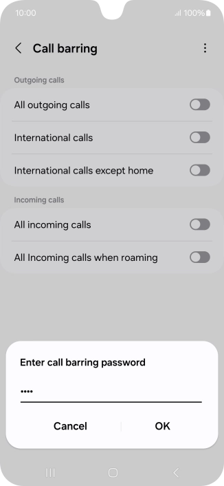 Key in your barring password and press OK. The default barring password is 1919.