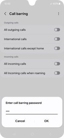 Key in your barring password and press OK. The default barring password is 1919. Key in your barring password and press OK. The default barring password is 1919.