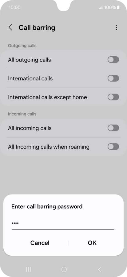 Key in your barring password and press OK. The default barring password is 1919. Key in your barring password and press OK. The default barring password is 1919.