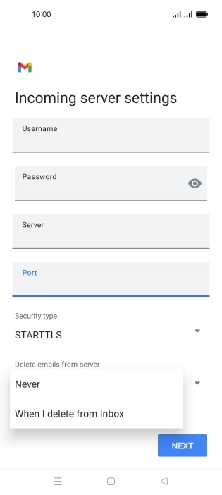 Press Never to keep email messages on the server when you delete them on your phone.