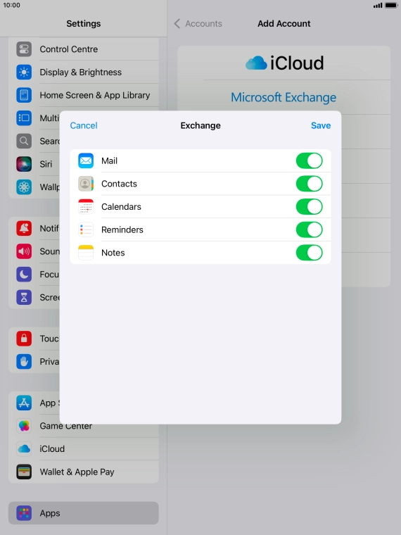 Press the indicators next to the required data types to turn synchronisation of each data type on or off.