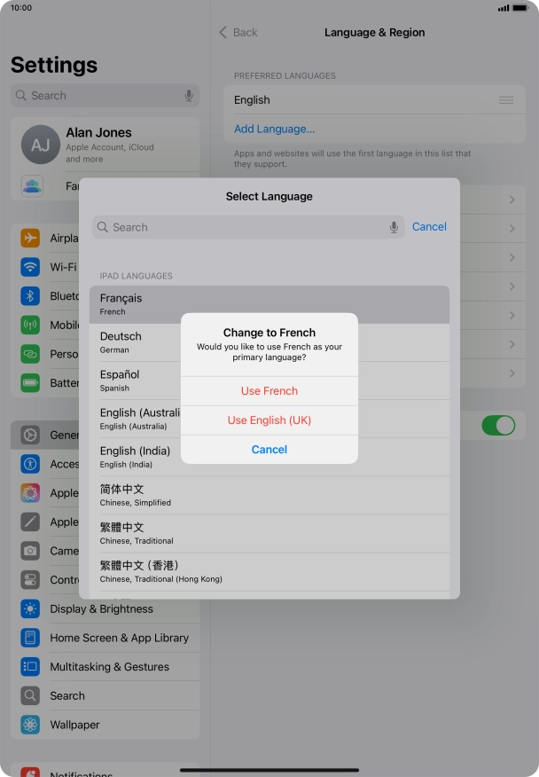 To select the new language as the default tablet language, press Use ‹language›. To select the new language as the default tablet language, press Use ‹language›.