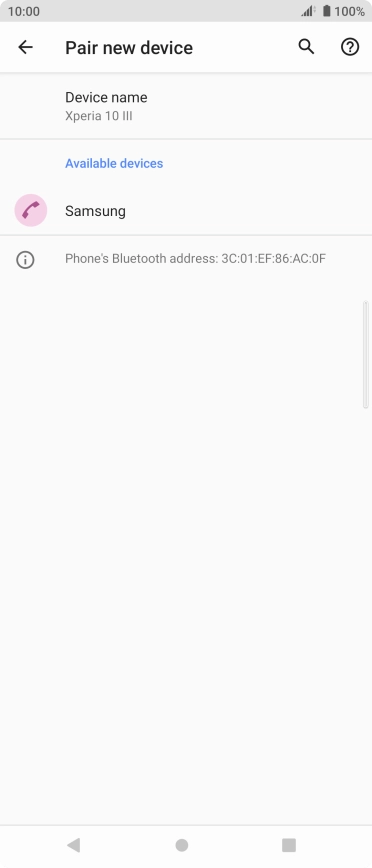 Press the required Bluetooth device and follow the instructions on the screen to pair the device with your phone.