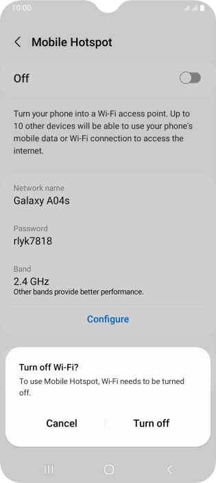 If Wi-Fi is turned on, press Turn off. If Wi-Fi is turned on, press Turn off.