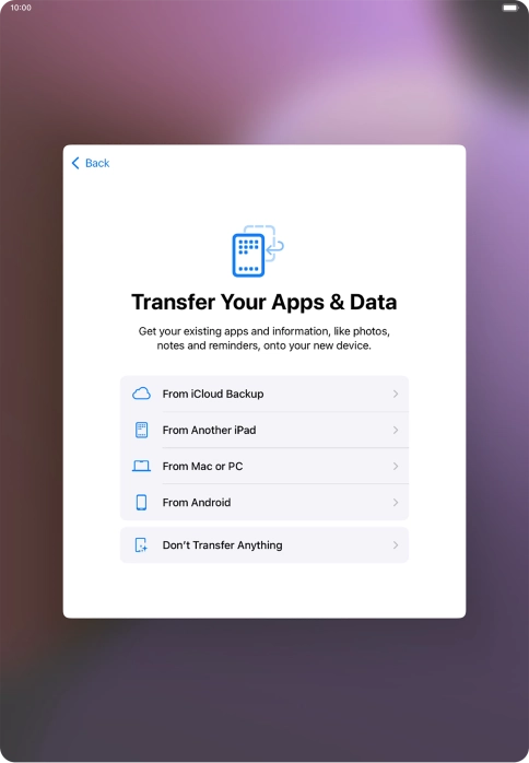 When this screen is displayed, your tablet is ready to restore content from an iCloud backup.