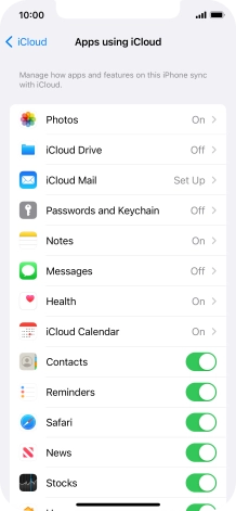 Press the indicators next to the required data types to turn synchronisation of each data type on or off.