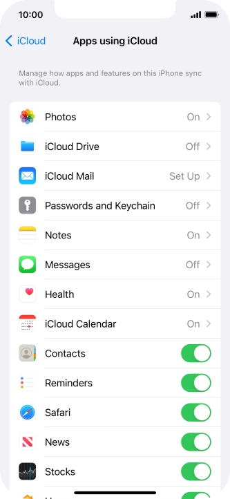 Press the indicators next to the required data types to turn synchronisation of each data type on or off.