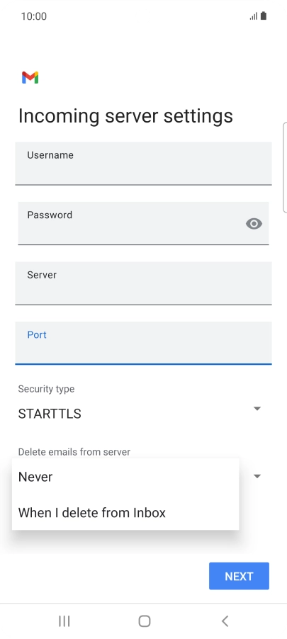 Press Never to keep email messages on the server when you delete them on your phone.