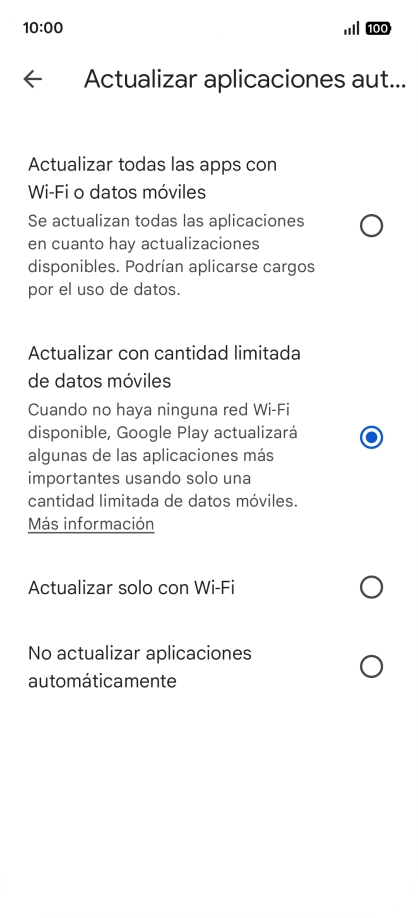 Para activar la actualización automática de apps utilizando la red móvil, pulsa Actualizar todas las apps con Wi-Fi o datos móviles. Para activar la actualización automática de apps utilizando la red móvil, pulsa Actualizar todas las apps con Wi-Fi o datos móviles.