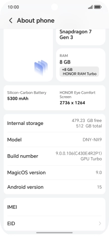 Your phone's software version is displayed next to Android version. Your phone's software version is displayed next to Android version.