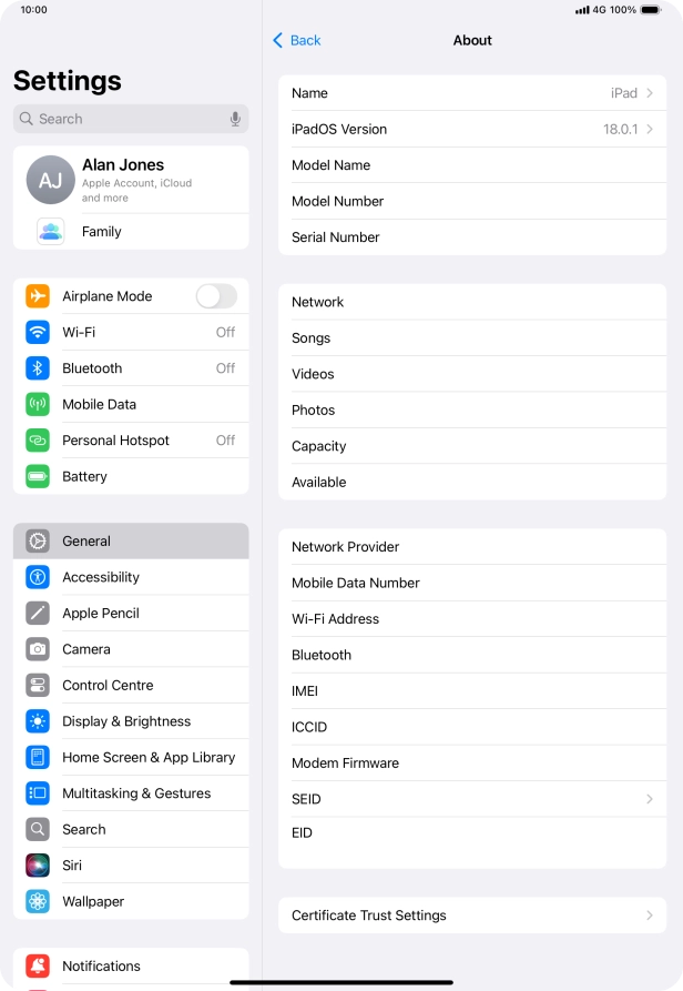 Your tablet's software version is displayed next to iPadOS Version.