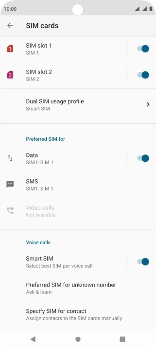 Press the indicator next to the required SIM to turn use of the SIM on or off.