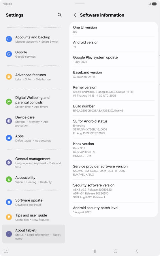 Your tablet's software version is displayed below Android version.