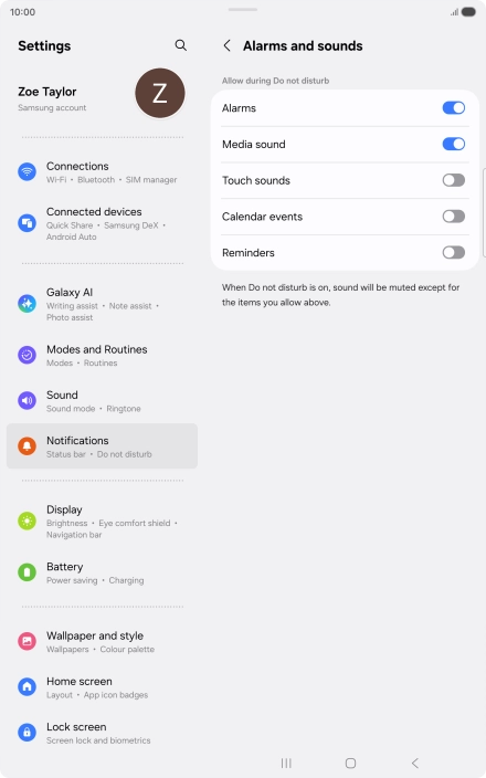 Press the indicators to turn sound and vibration for the selected functions on or off. Press the indicators to turn sound and vibration for the selected functions on or off.