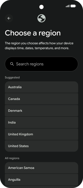 Press the required country or area. Press the required country or area.