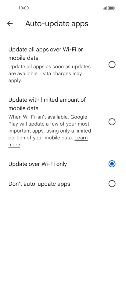 To turn on automatic update of apps using mobile network, press Update all apps over Wi-Fi or mobile data. To turn on automatic update of apps using mobile network, press Update all apps over Wi-Fi or mobile data.