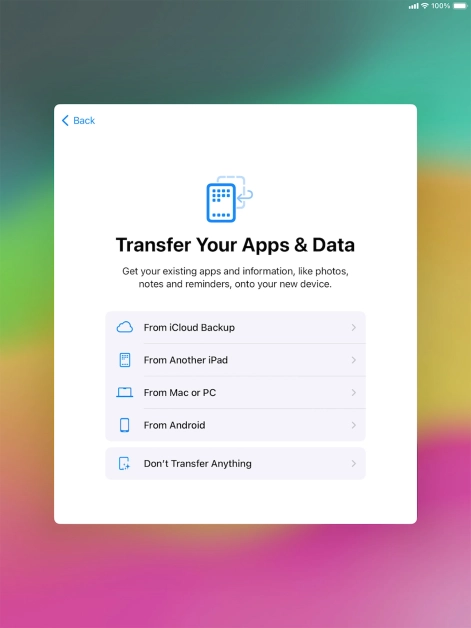 You can transfer the contents of an Android device to your tablet when it's activated for the first time and after a factory reset. When this screen is displayed, your tablet is ready to transfer content from an Android device. You can transfer the contents of an Android device to your tablet when it's activated for the first time and after a factory reset. When this screen is displayed, your tablet is ready to transfer content from an Android device.