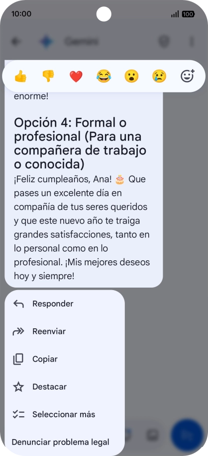 Pulsa la propuesta de texto de Gemini durante unos instantes. Sigue las indicaciones de la pantalla para utilizar el texto propuesto.