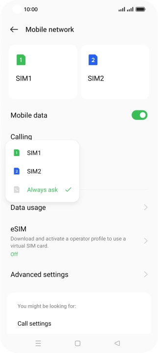 Press the required setting.