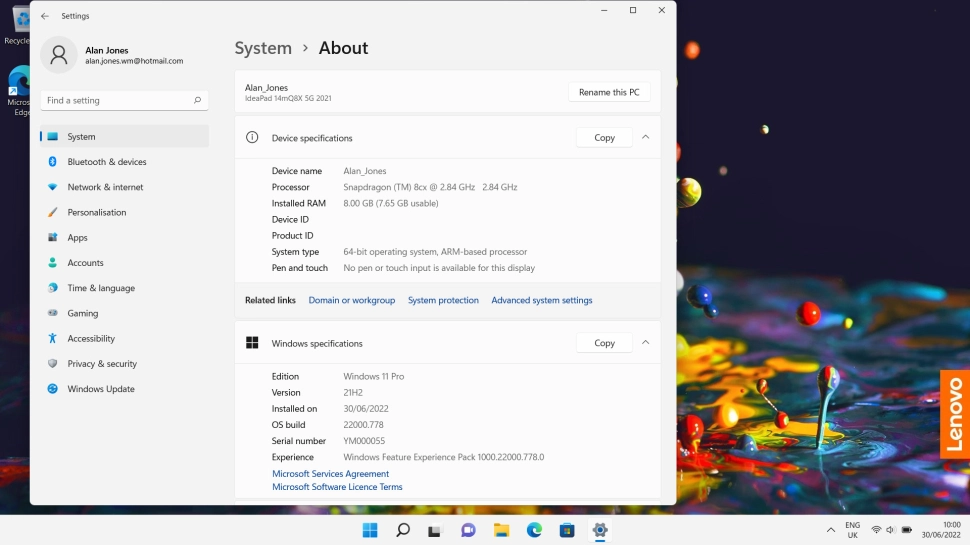 Your laptop's software version is displayed below Windows specifications.