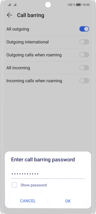Key in your barring password and press OK. The default barring password is 1919. Key in your barring password and press OK. The default barring password is 1919.