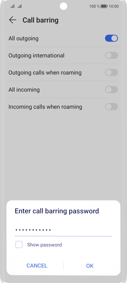Key in your barring password and press OK. The default barring password is 1919. Key in your barring password and press OK. The default barring password is 1919.