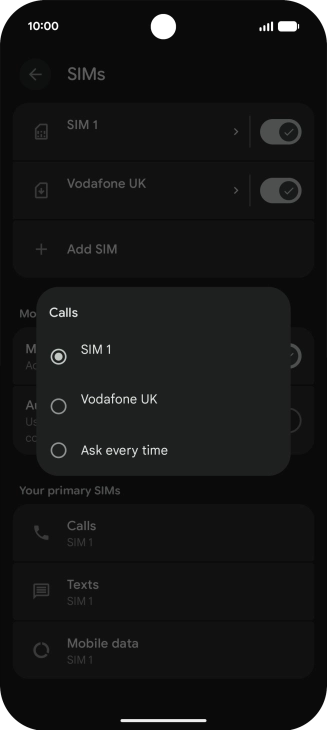 Press the required setting.