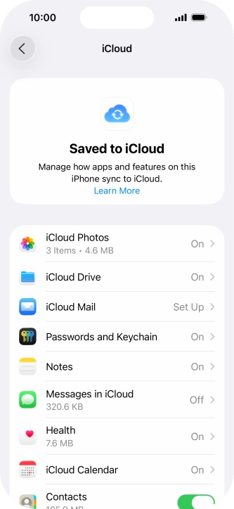 Press the indicators next to the required data types to turn synchronisation of each data type on or off. Press the indicators next to the required data types to turn synchronisation of each data type on or off.
