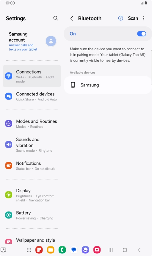 Press the required Bluetooth device and follow the instructions on the screen to pair the device with your tablet. Press the required Bluetooth device and follow the instructions on the screen to pair the device with your tablet.