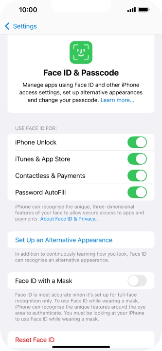 Press the indicators next to the required settings to turn them on or off.