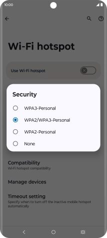 Press WPA3-Personal to password protect your Wi-Fi hotspot. Press WPA3-Personal to password protect your Wi-Fi hotspot.