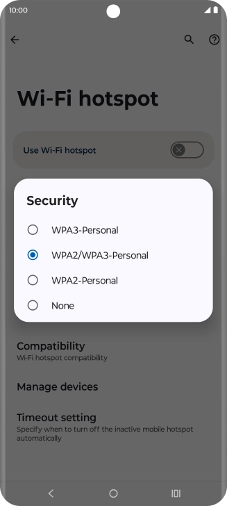 Press WPA3-Personal to password protect your Wi-Fi hotspot. Press WPA3-Personal to password protect your Wi-Fi hotspot.