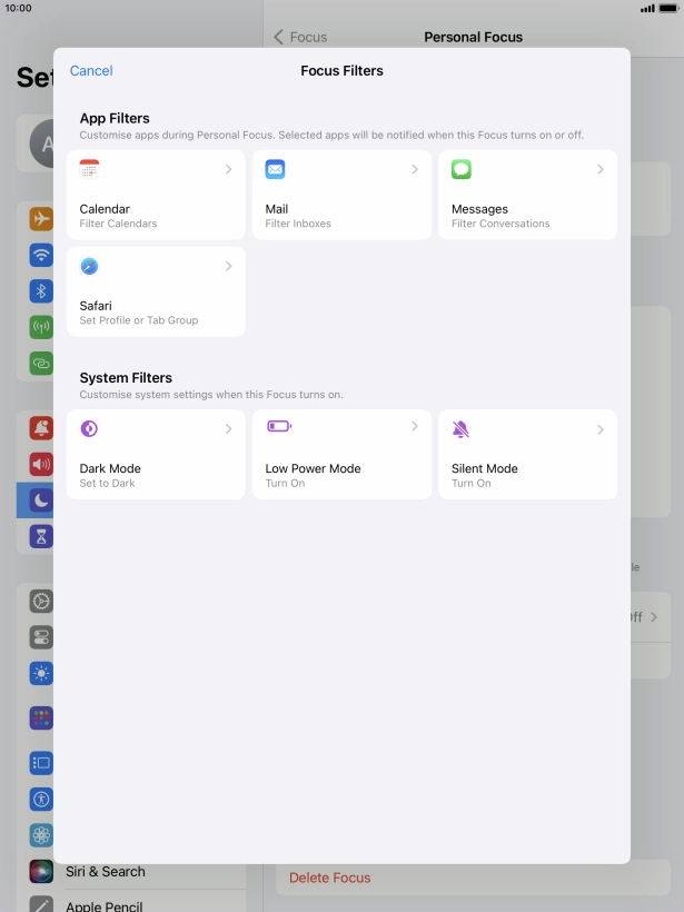 To see specific calendars in the selected focus mode, press Calendar and follow the instructions on the screen to select the required calendars.
