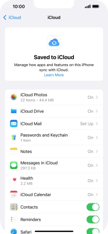 Press the indicators next to the required data types to turn synchronisation of each data type on or off.
