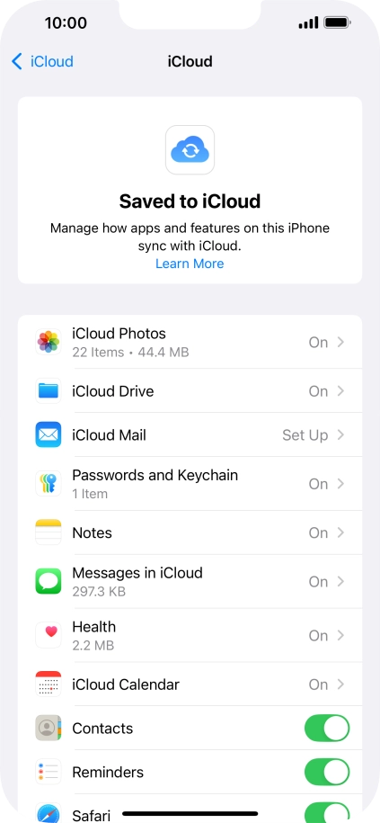 Press the indicators next to the required data types to turn synchronisation of each data type on or off.