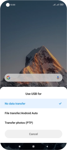 Press File transfer/Android Auto. Press File transfer/Android Auto.