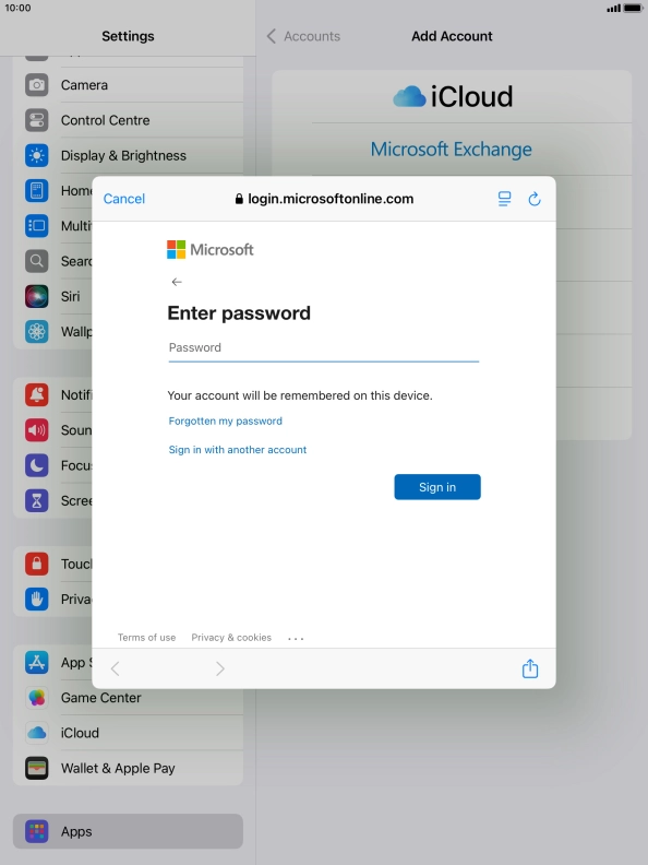 Press Password and key in the password for your email account.