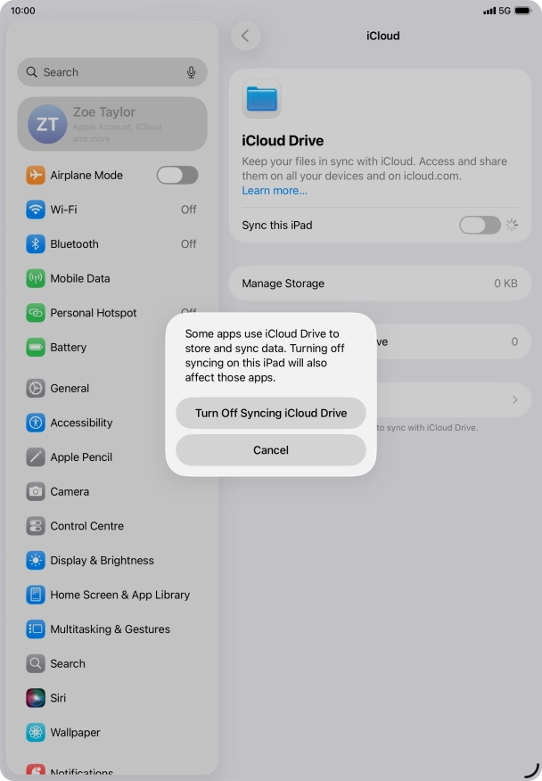 If you turn off the function, press Turn Off Syncing iCloud Drive. If you turn off the function, press Turn Off Syncing iCloud Drive.