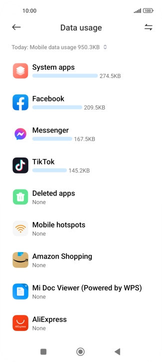 The data usage for each application is displayed below the name of the application.