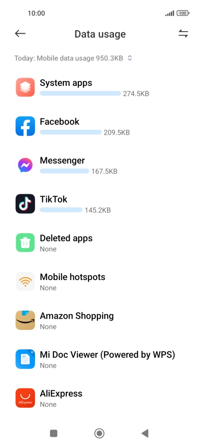 The data usage for each application is displayed below the name of the application.